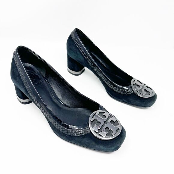 Tory Burch Frannie Reva Pumps 8.5 Black Suede Croc Trim Silver Logo Block Heels - Picture 3 of 14